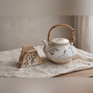 VINTAGE Hand-Painted Ceramic Teapot & Matching Napkin Holder Set Bamboo Handle